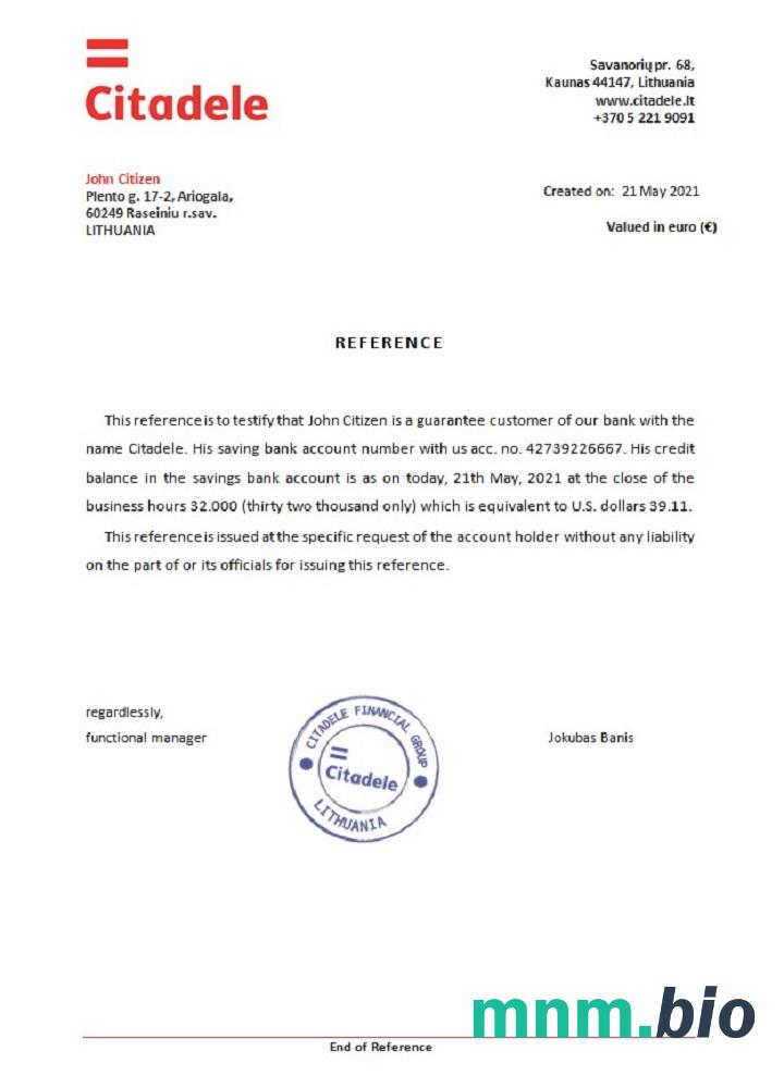 Przykład odniesienia Litwa Citadele bank w formatach Word i PDF